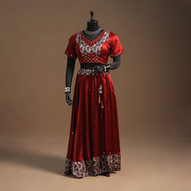 Red Navratri Garba Chaniya Choli Set in Mashru Silk with Ajrakh Patch