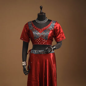 Red Navratri Garba Chaniya Choli Set in Mashru Silk with Ajrakh Patch