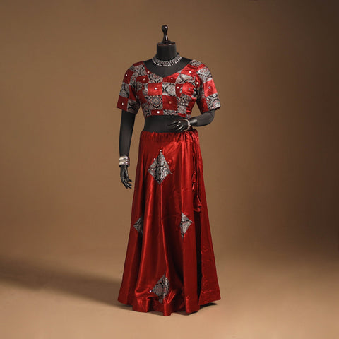 Red Navratri Garba Chaniya Choli Set in Mashru Silk with Ajrakh Patch