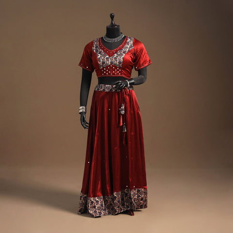 Red Navratri Garba Chaniya Choli Set in Mashru Silk with Ajrakh Patch
