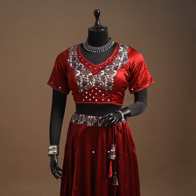 Red Navratri Garba Chaniya Choli Set in Mashru Silk with Ajrakh Patch