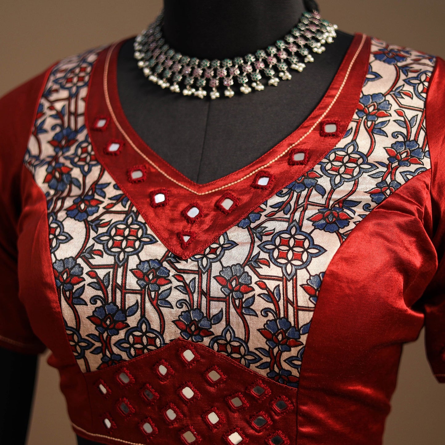 Red Navratri Garba Chaniya Choli Set in Mashru Silk with Ajrakh Patch