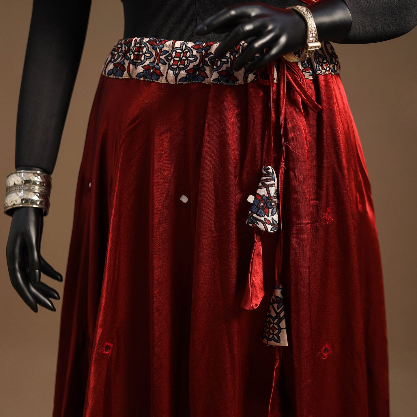 Red Navratri Garba Chaniya Choli Set in Mashru Silk with Ajrakh Patch