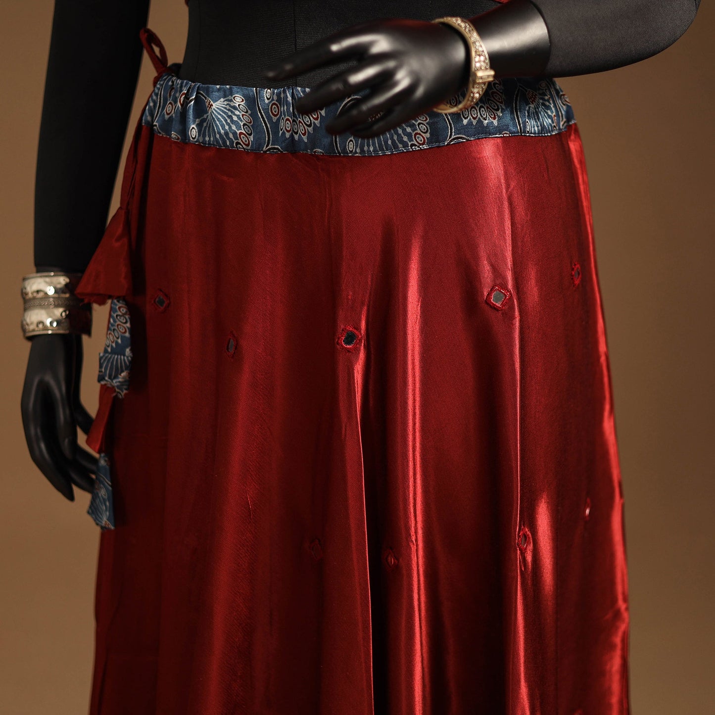 Red Navratri Garba Chaniya Choli Set in Mashru Silk with Ajrakh Patch