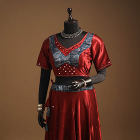 Red Navratri Garba Chaniya Choli Set in Mashru Silk with Ajrakh Patch