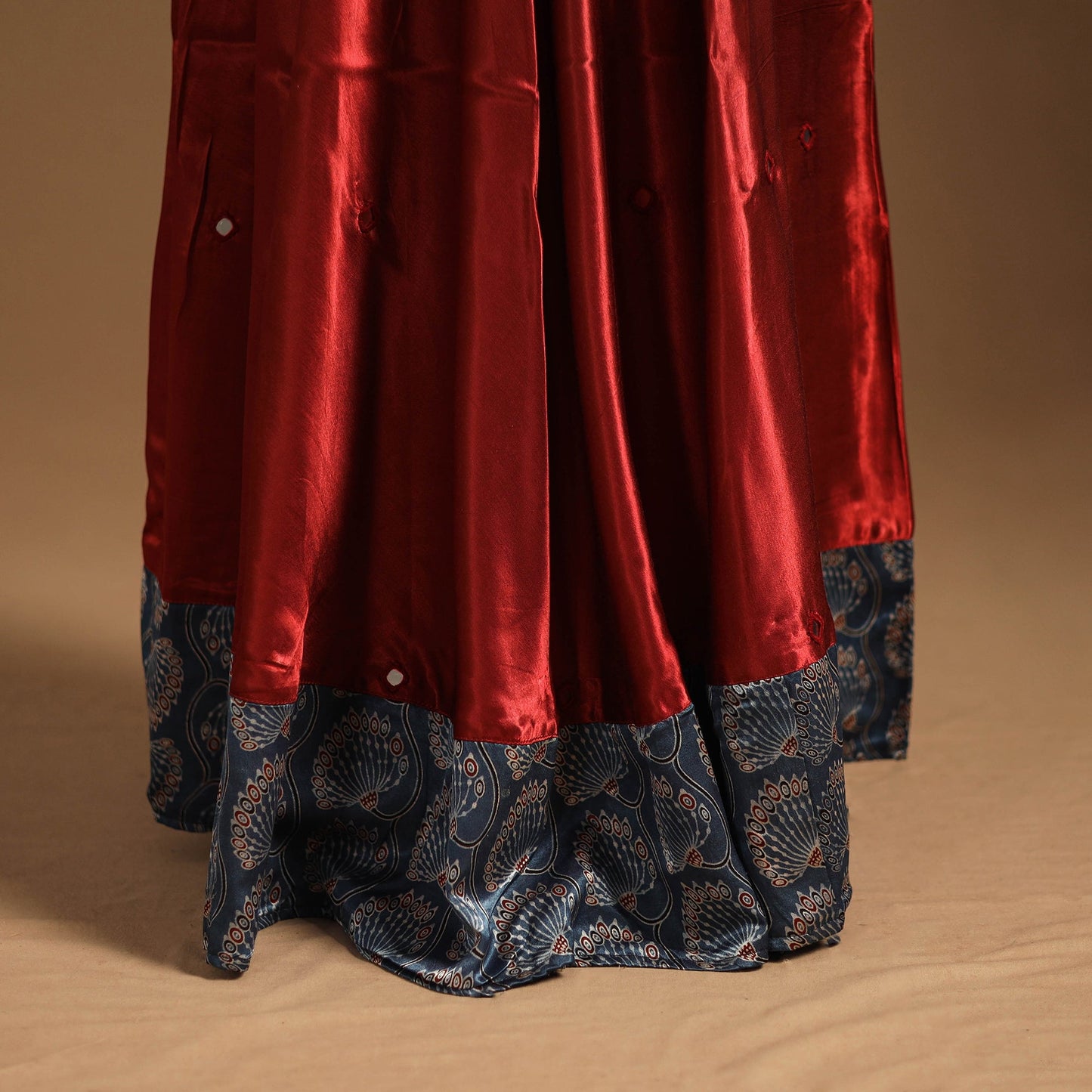 Red Navratri Garba Chaniya Choli Set in Mashru Silk with Ajrakh Patch