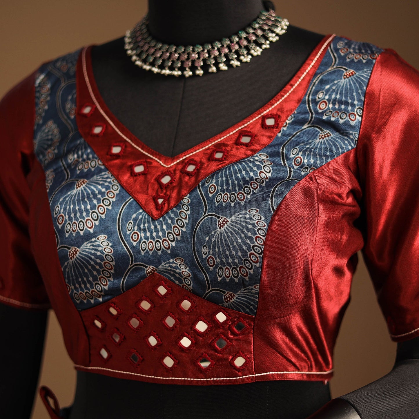 Red Navratri Garba Chaniya Choli Set in Mashru Silk with Ajrakh Patch