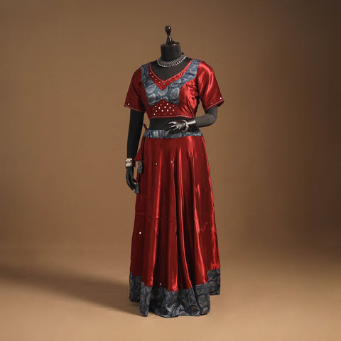 Red Navratri Garba Chaniya Choli Set in Mashru Silk with Ajrakh Patch