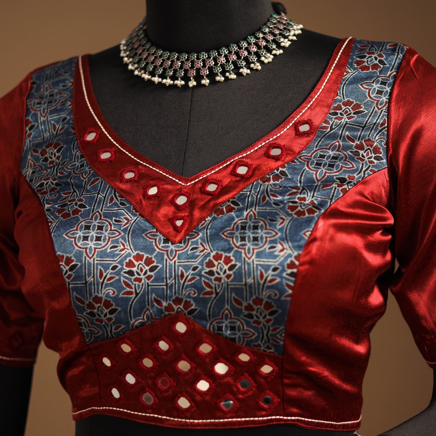 Red Navratri Garba Chaniya Choli Set in Mashru Silk with Ajrakh Patch