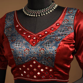 Red Navratri Garba Chaniya Choli Set in Mashru Silk with Ajrakh Patch