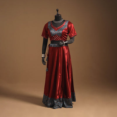 Red Navratri Garba Chaniya Choli Set in Mashru Silk with Ajrakh Patch