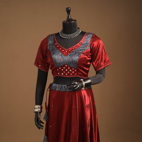 Red Navratri Garba Chaniya Choli Set in Mashru Silk with Ajrakh Patch