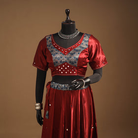 Red Navratri Garba Chaniya Choli Set in Mashru Silk with Ajrakh Patch