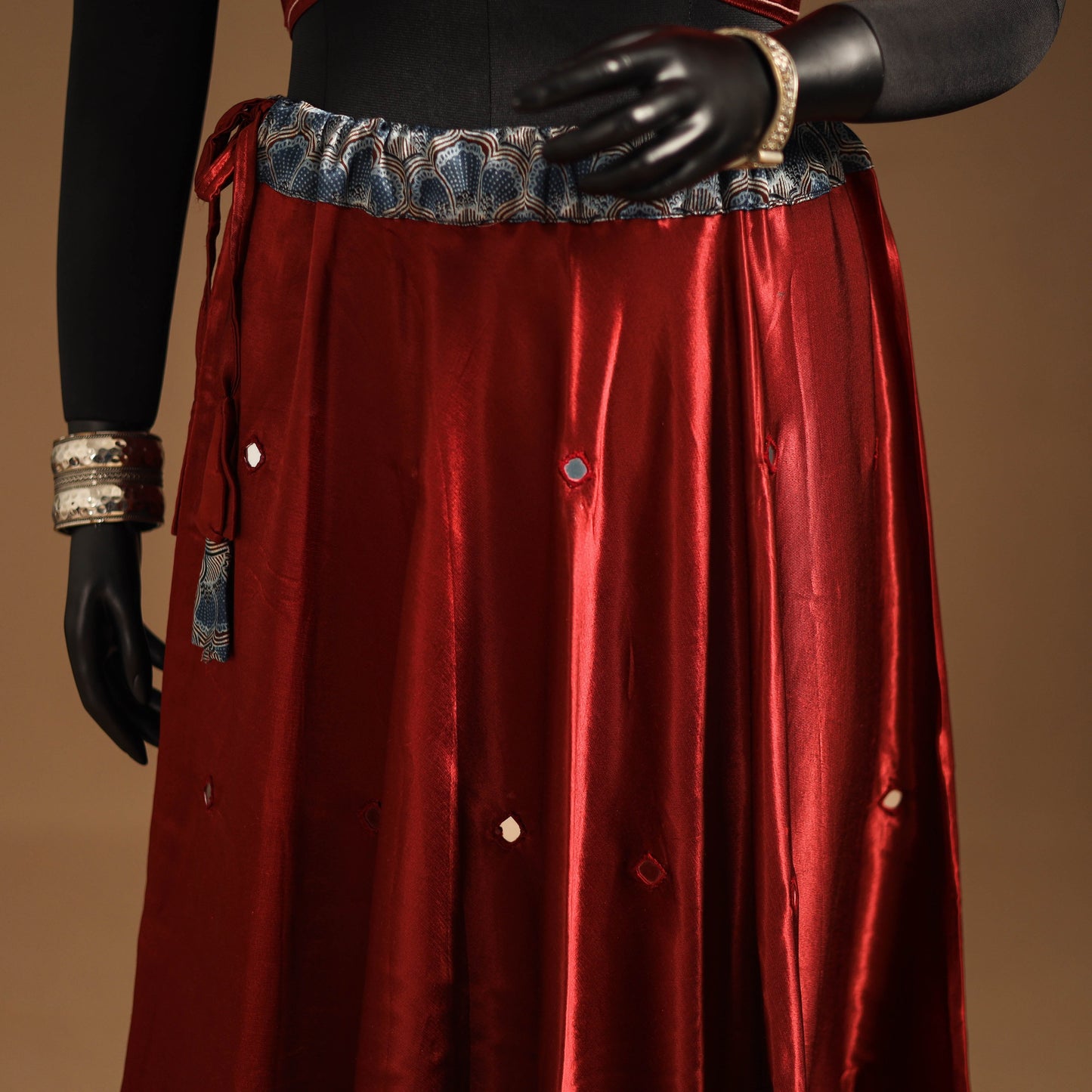 Red Navratri Garba Chaniya Choli Set in Mashru Silk with Ajrakh Patch