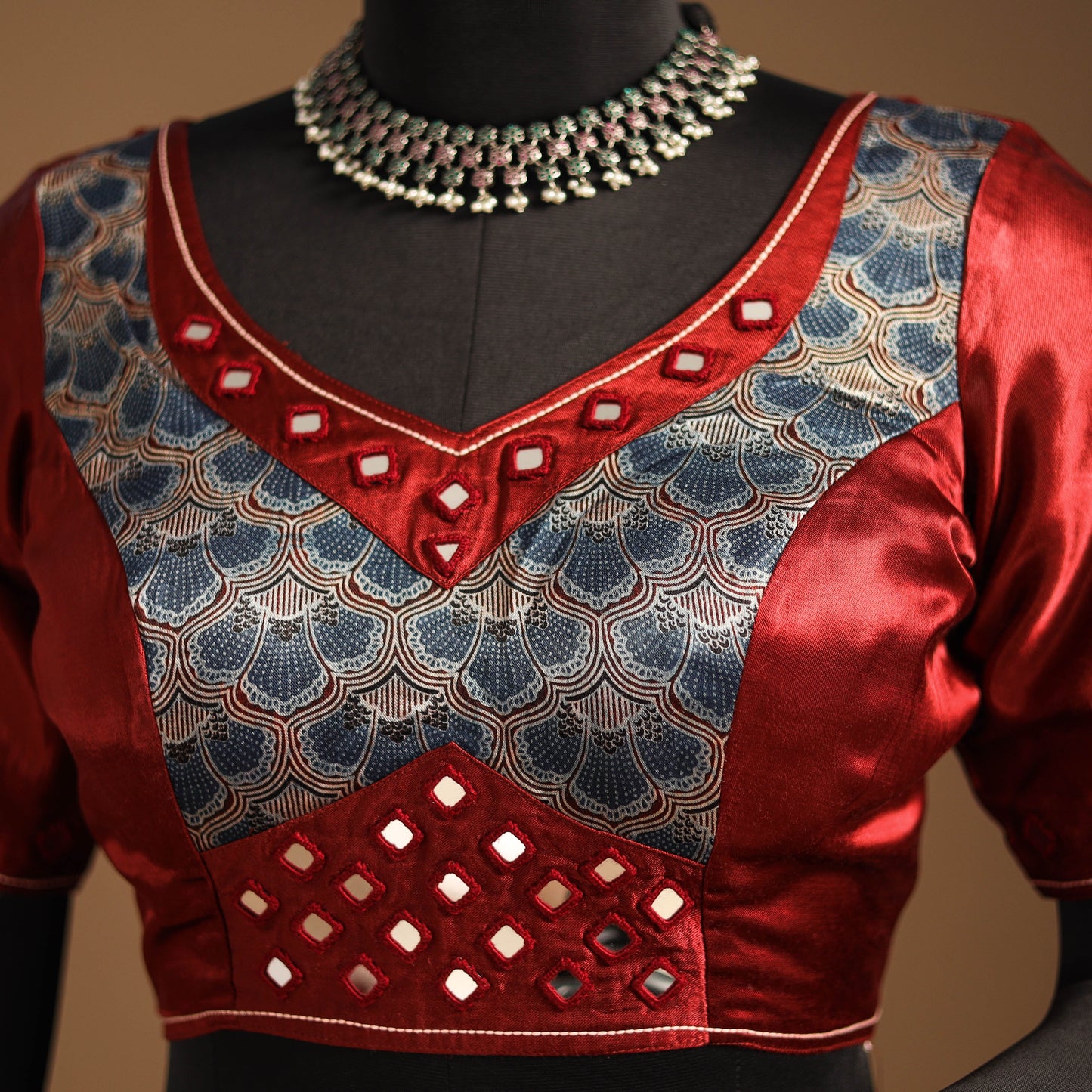 Red Navratri Garba Chaniya Choli Set in Mashru Silk with Ajrakh Patch