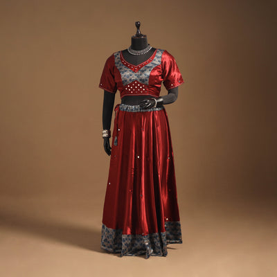 Red Navratri Garba Chaniya Choli Set in Mashru Silk with Ajrakh Patch