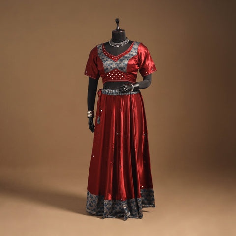 Red Navratri Garba Chaniya Choli Set in Mashru Silk with Ajrakh Patch