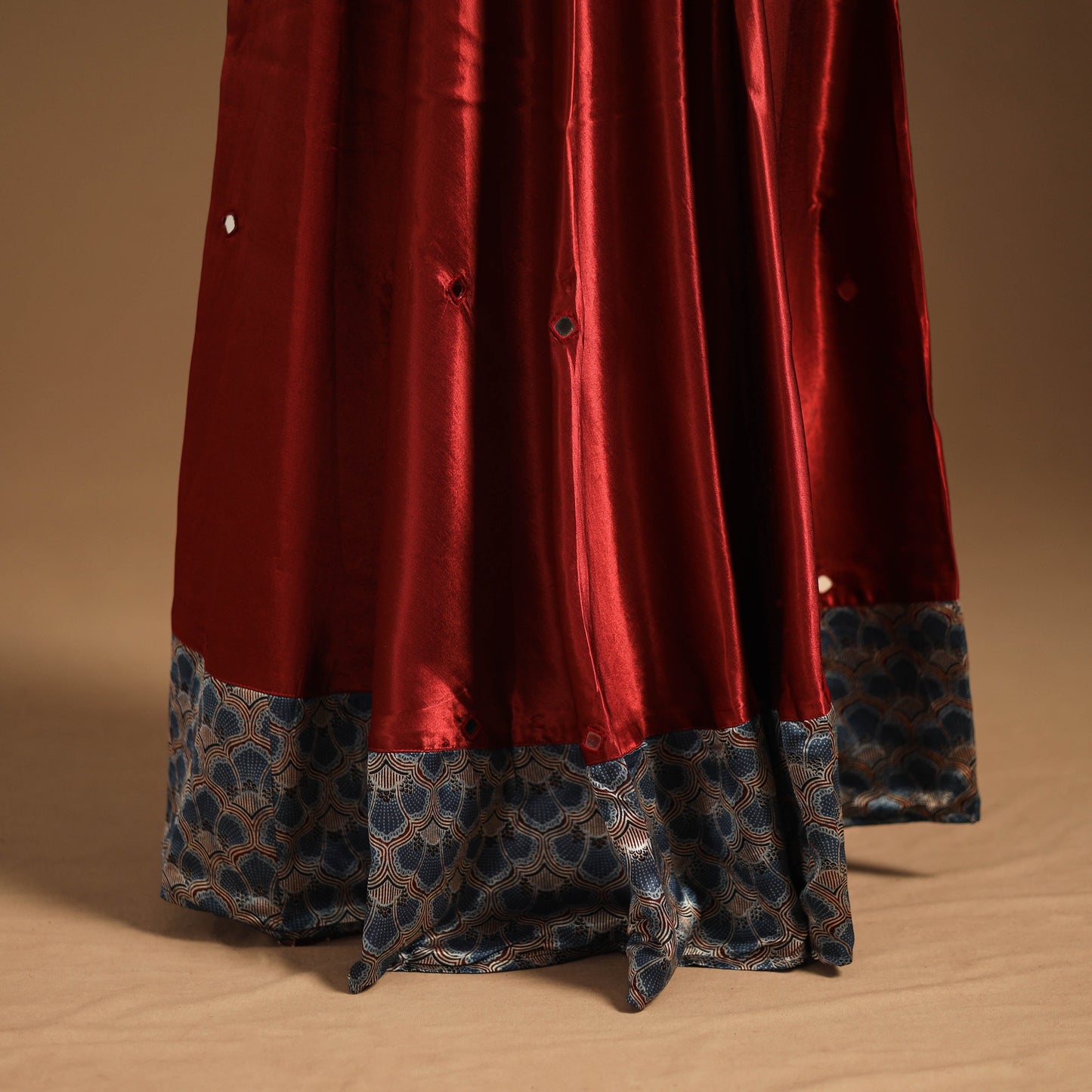Red Navratri Garba Chaniya Choli Set in Mashru Silk with Ajrakh Patch