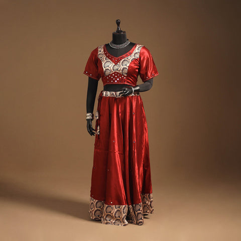 Red Navratri Garba Chaniya Choli Set in Mashru Silk with Ajrakh Patch