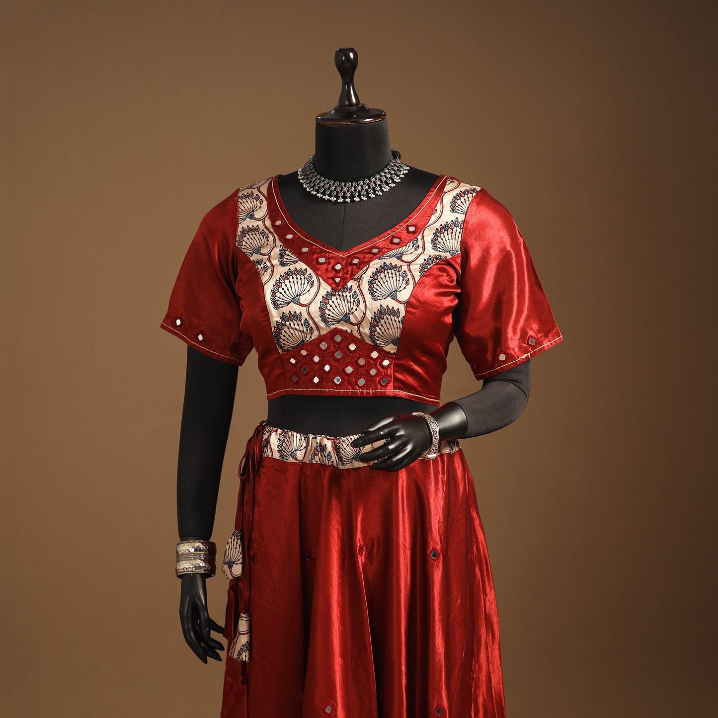 Red Navratri Garba Chaniya Choli Set in Mashru Silk with Ajrakh Patch