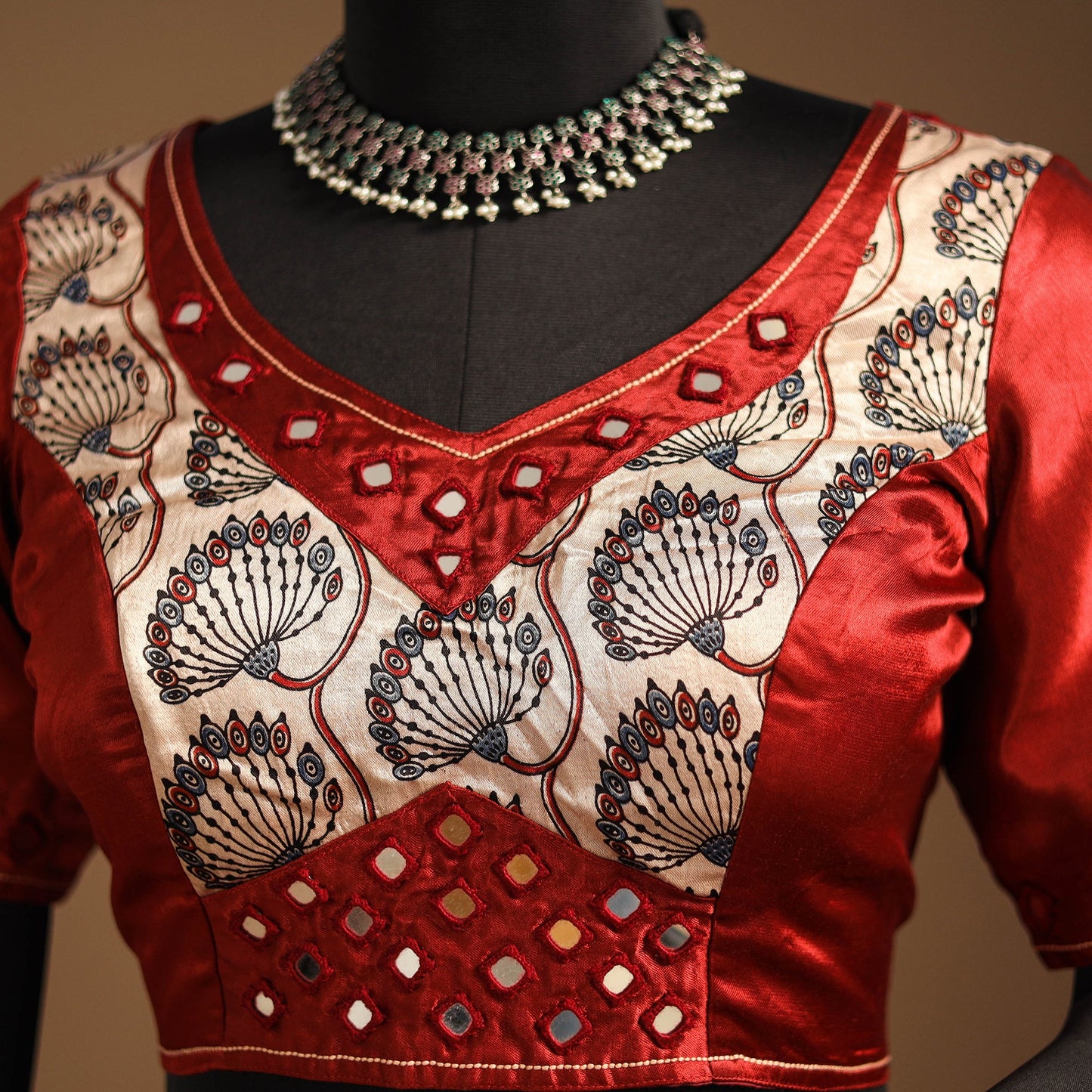 Red Navratri Garba Chaniya Choli Set in Mashru Silk with Ajrakh Patch