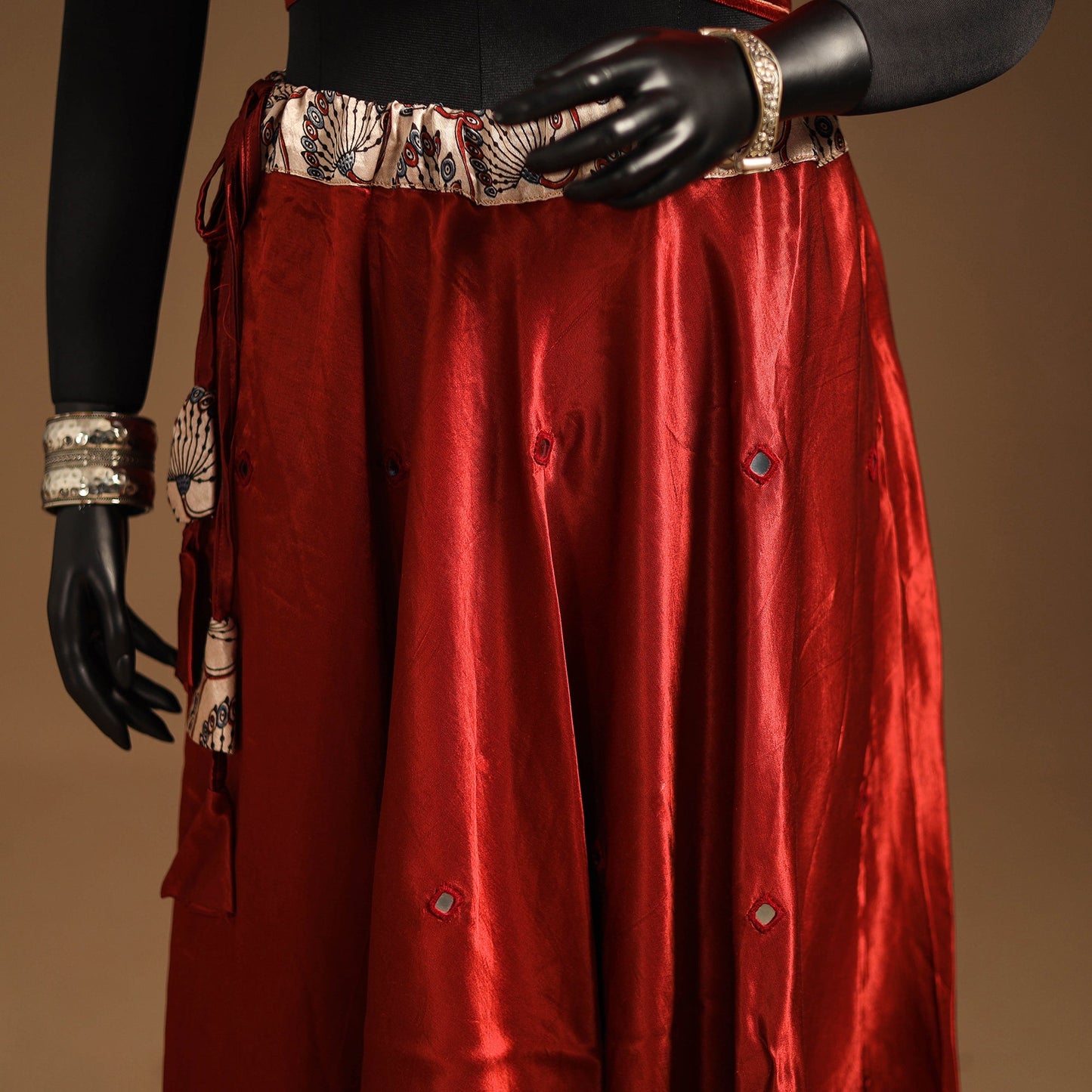 Red Navratri Garba Chaniya Choli Set in Mashru Silk with Ajrakh Patch