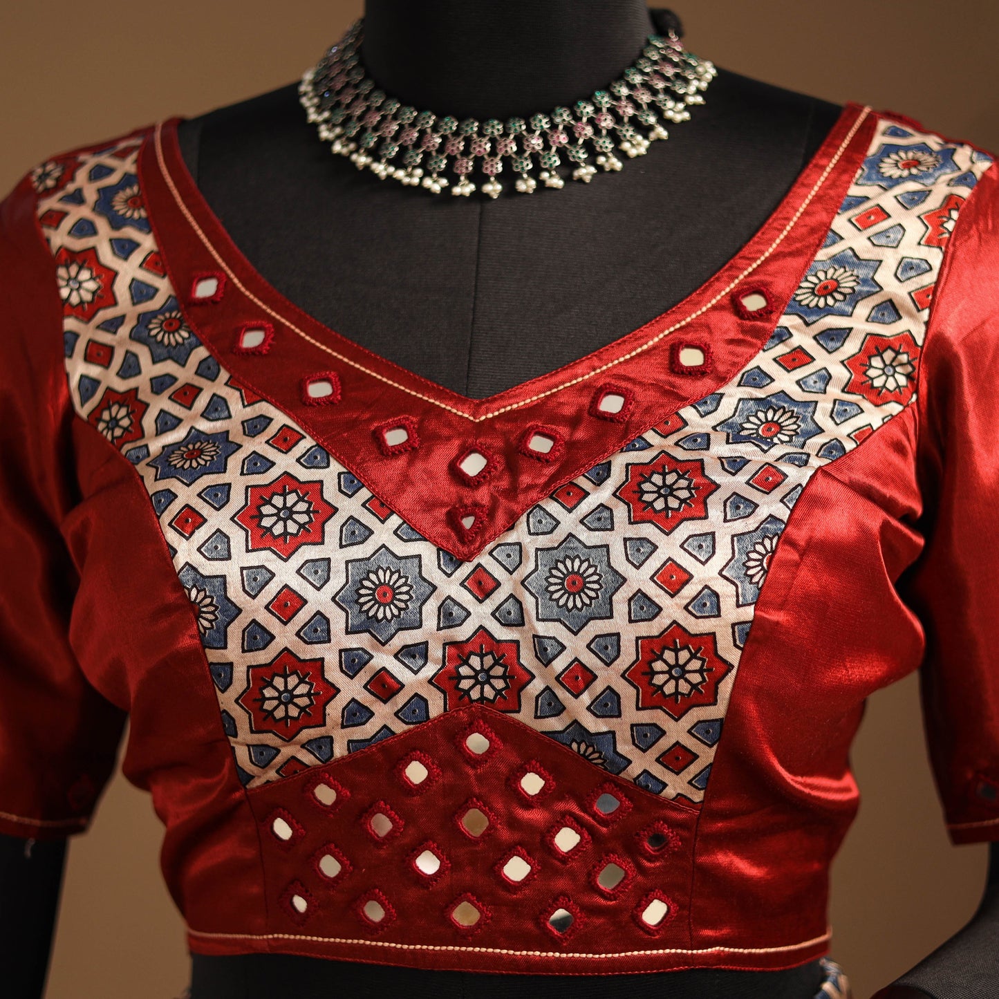 Red Navratri Garba Chaniya Choli Set in Mashru Silk with Ajrakh Patch