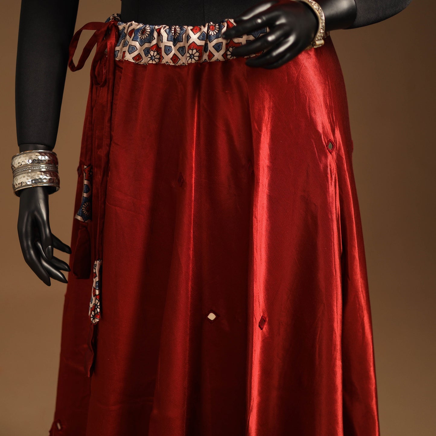 Red Navratri Garba Chaniya Choli Set in Mashru Silk with Ajrakh Patch
