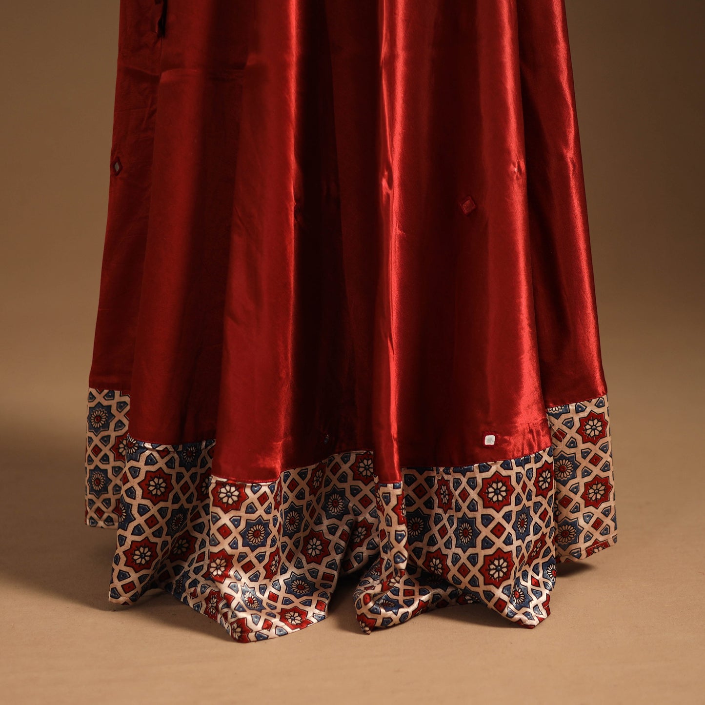 Red Navratri Garba Chaniya Choli Set in Mashru Silk with Ajrakh Patch