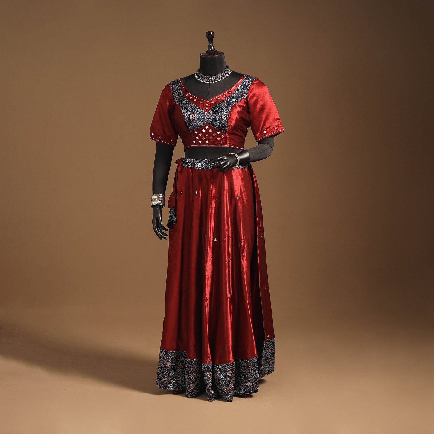 Red Navratri Garba Chaniya Choli Set in Mashru Silk with Ajrakh Patch