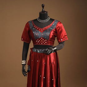 Red Navratri Garba Chaniya Choli Set in Mashru Silk with Ajrakh Patch