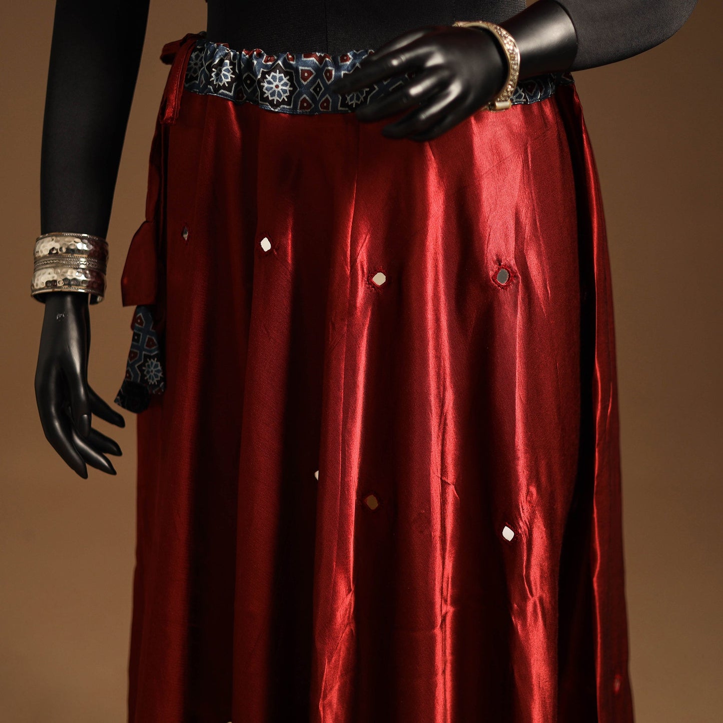 Red Navratri Garba Chaniya Choli Set in Mashru Silk with Ajrakh Patch