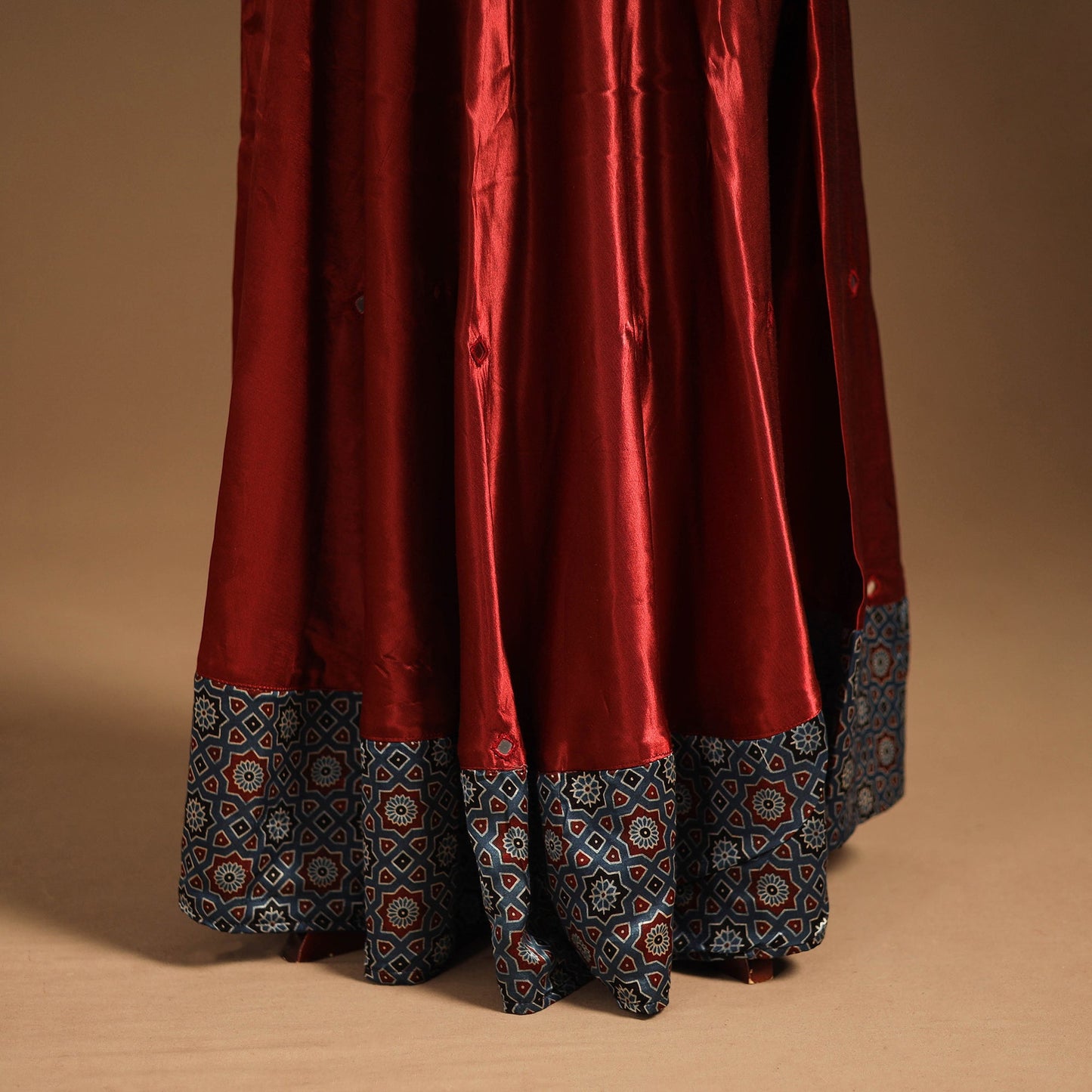 Red Navratri Garba Chaniya Choli Set in Mashru Silk with Ajrakh Patch