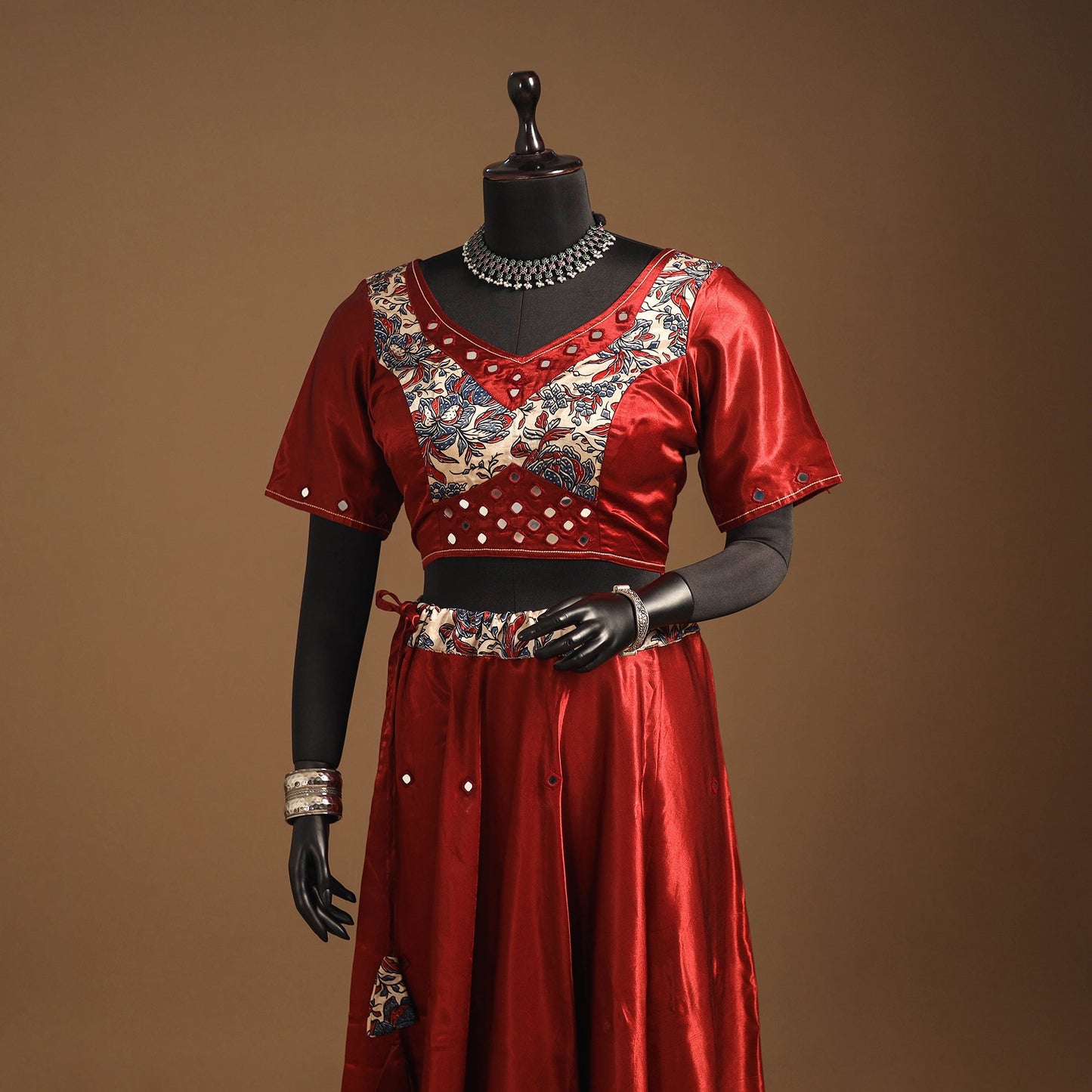 Red Navratri Garba Chaniya Choli Set in Mashru Silk with Ajrakh Patch