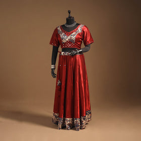 Red Navratri Garba Chaniya Choli Set in Mashru Silk with Ajrakh Patch
