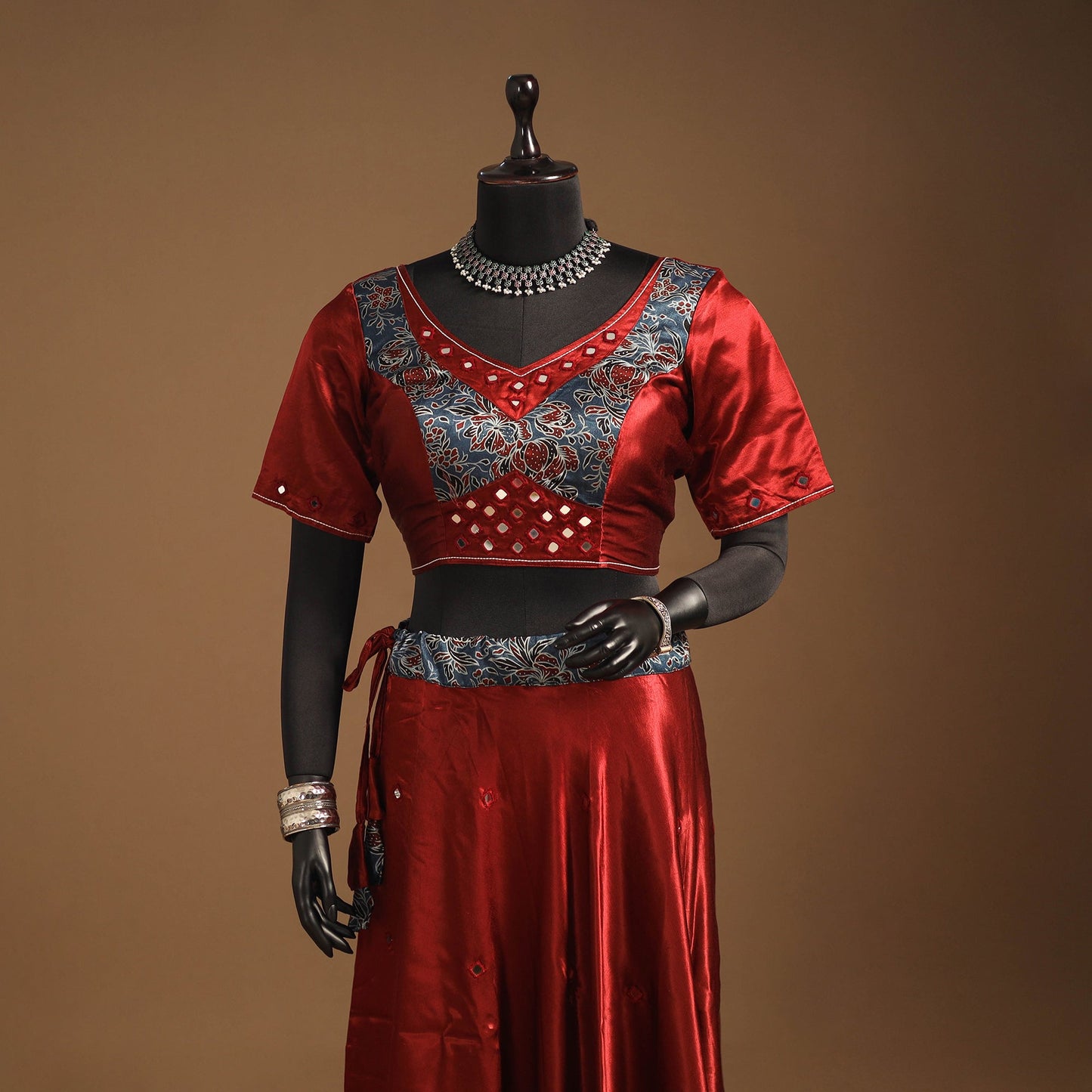 Red Navratri Garba Chaniya Choli Set in Mashru Silk with Ajrakh Patch