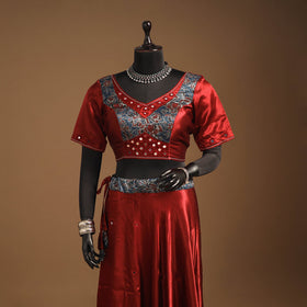 Red Navratri Garba Chaniya Choli Set in Mashru Silk with Ajrakh Patch