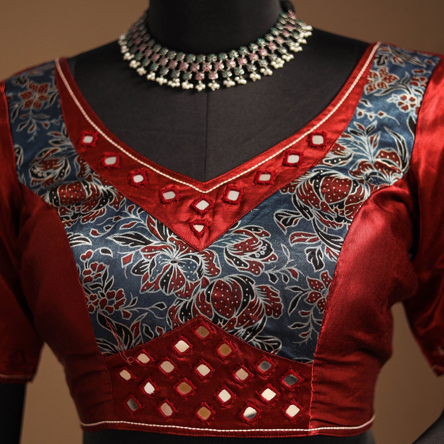 Red Navratri Garba Chaniya Choli Set in Mashru Silk with Ajrakh Patch
