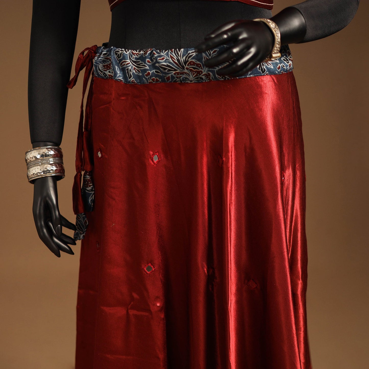 Red Navratri Garba Chaniya Choli Set in Mashru Silk with Ajrakh Patch