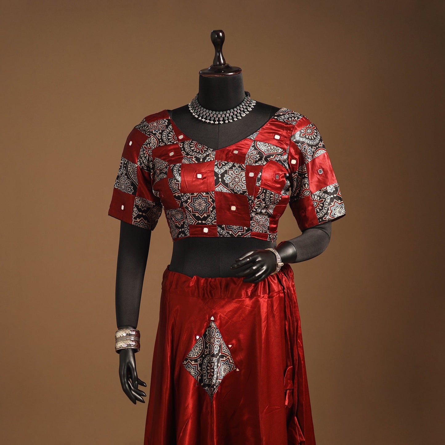 Red Navratri Garba Chaniya Choli Set in Mashru Silk with Ajrakh Patch