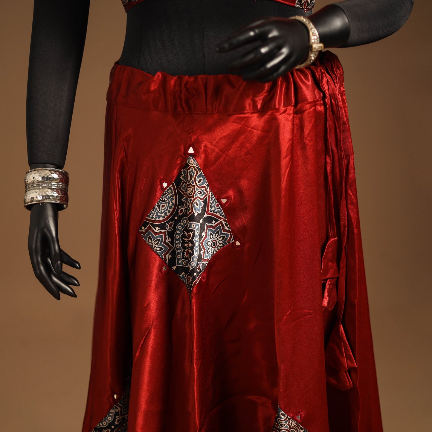 Red Navratri Garba Chaniya Choli Set in Mashru Silk with Ajrakh Patch