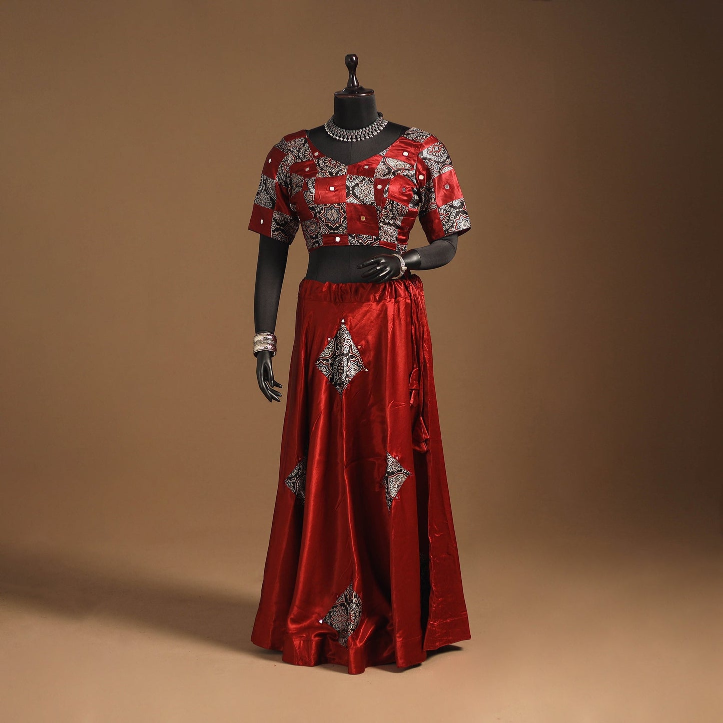 Red Navratri Garba Chaniya Choli Set in Mashru Silk with Ajrakh Patch