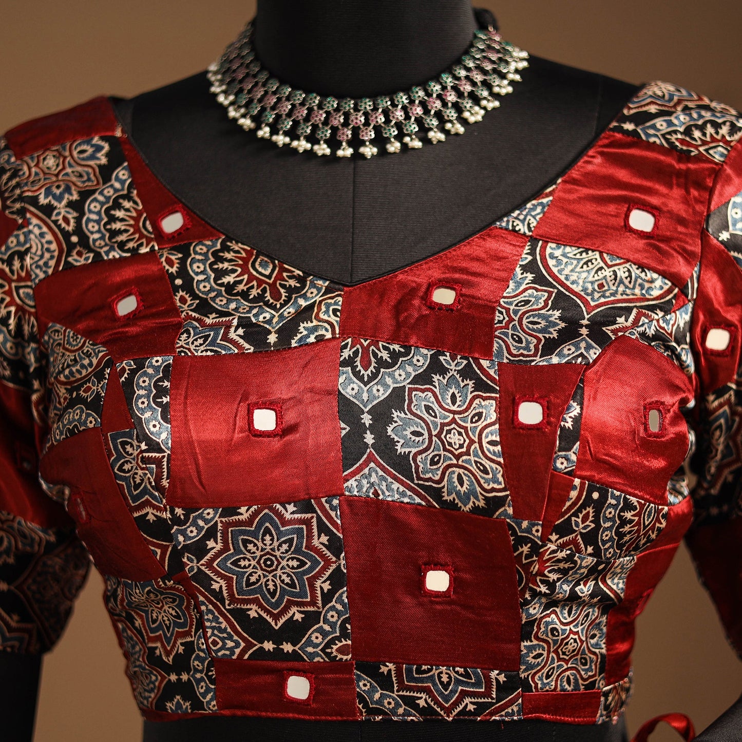 Red Navratri Garba Chaniya Choli Set in Mashru Silk with Ajrakh Patch