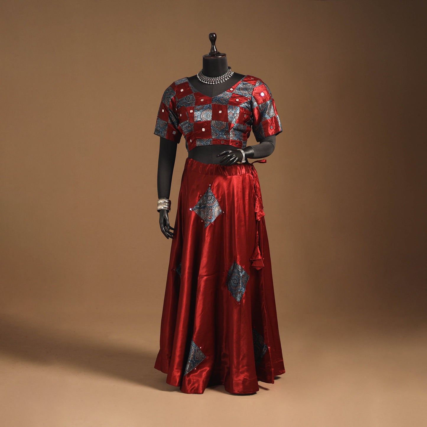 Red Navratri Garba Chaniya Choli Set in Mashru Silk with Ajrakh Patch