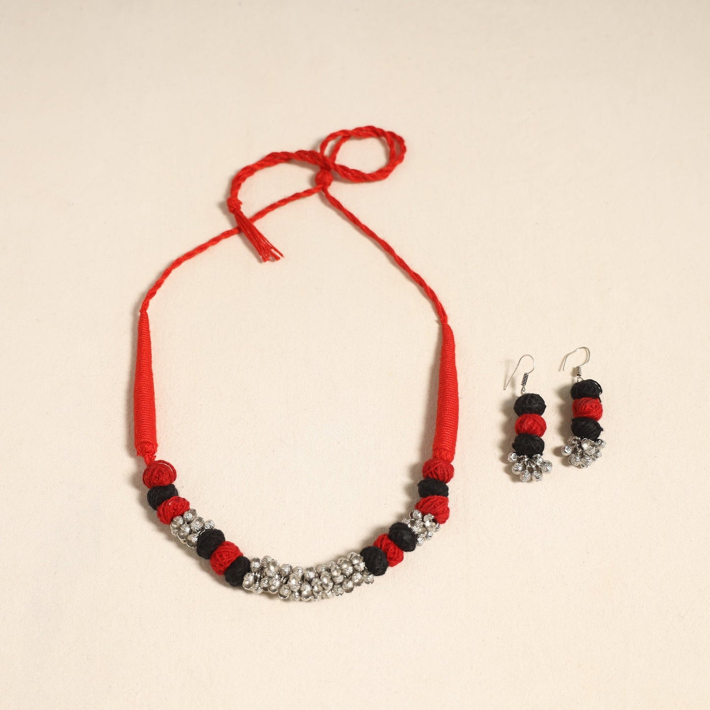Navratri Special! Red German Silver Thread Beads Necklace Set
