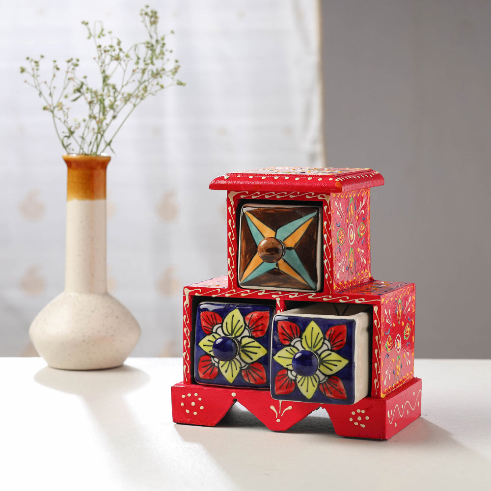  Neem Wood Hand Painted Blue Pottery Ceramic Triple Drawer 