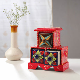  Neem Wood Hand Painted Blue Pottery Ceramic Triple Drawer 