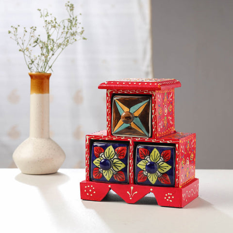  Neem Wood Hand Painted Blue Pottery Ceramic Triple Drawer 