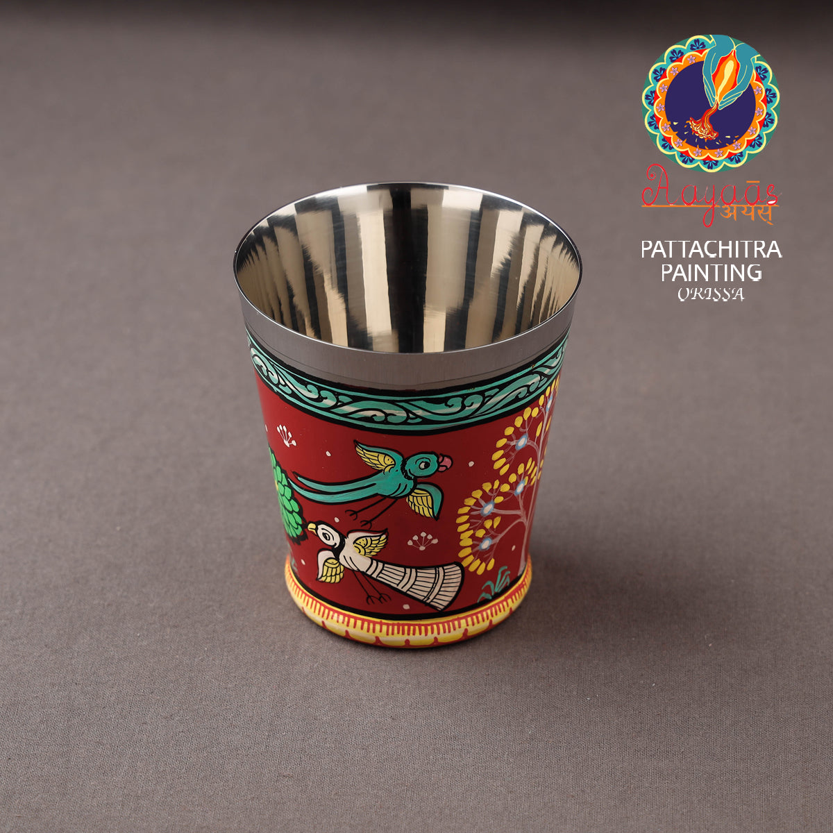 Odisha Pattachitra Red Handpainted Stainless Steel Glass