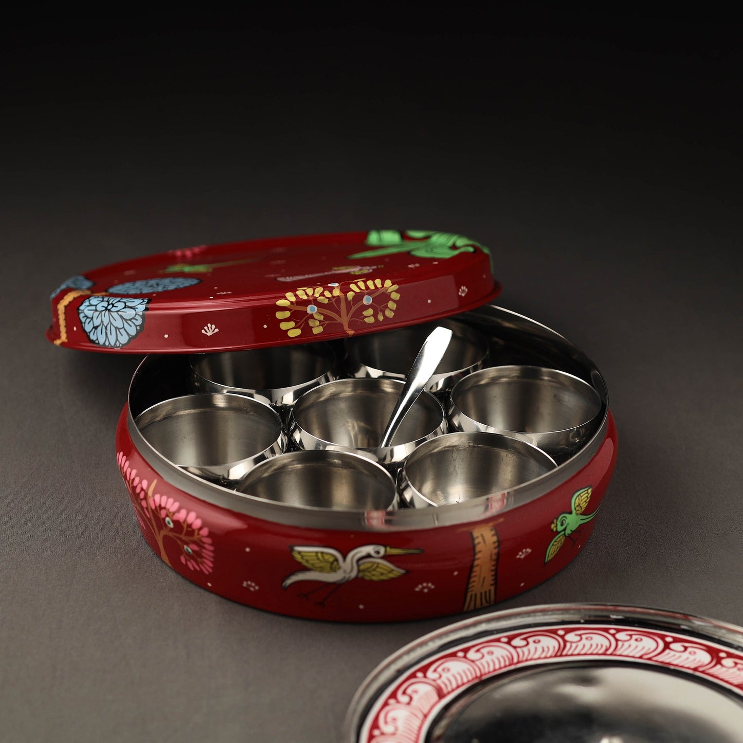 Odisha Pattachitra Red Handpainted Stainless Steel Masala Box (8 x 8 in)